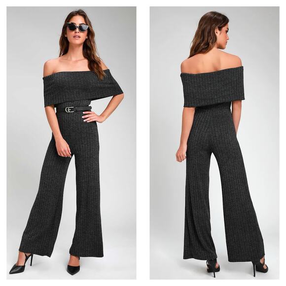 Lulus Always Styling Charcoal Grey Off-the-Shoulder Ribbed Jumpsuit Size Small - Picture 1 of 14